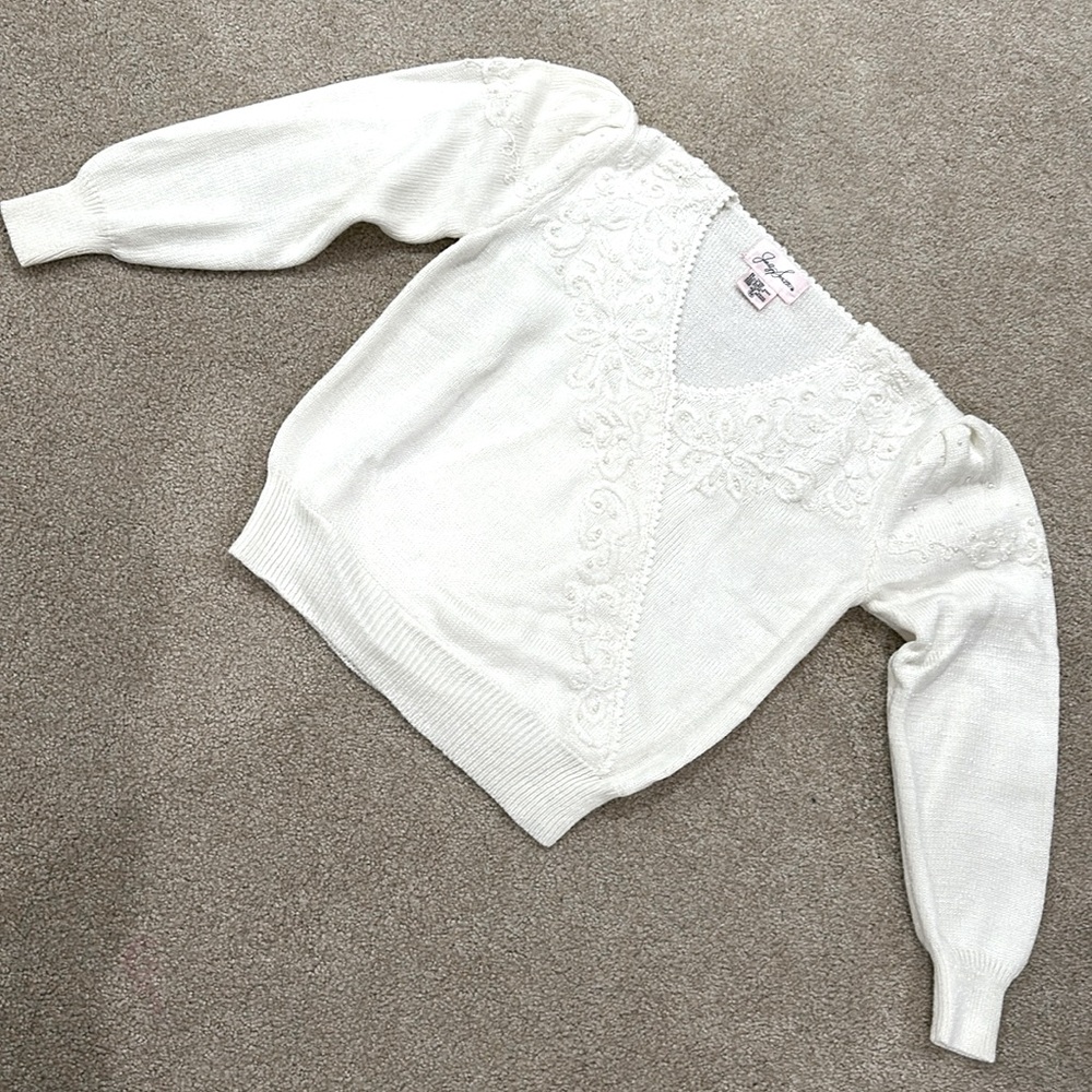 Vintage Jacklyn Smith Sweater. White with slight shimmer & pearls w/ embroidery.